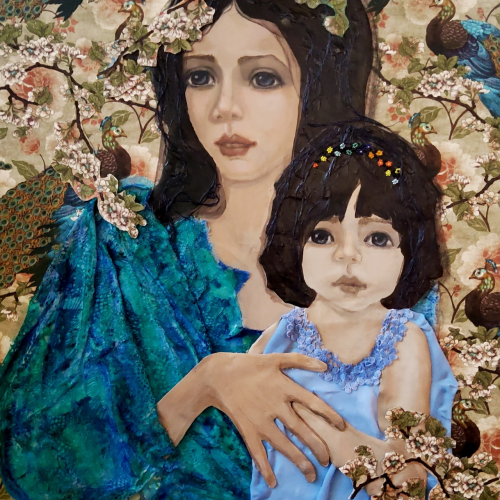 Mixed-media painting of a woman in a blue dress holding a young child, set against a background of white blossoms and several peacocks.