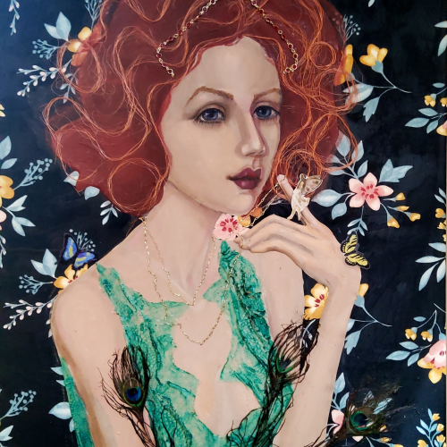 Painting of a woman with red hair and a green lace top, adorned with peacock feathers, butterflies, and a small moth on her finger, set against a dark floral background.