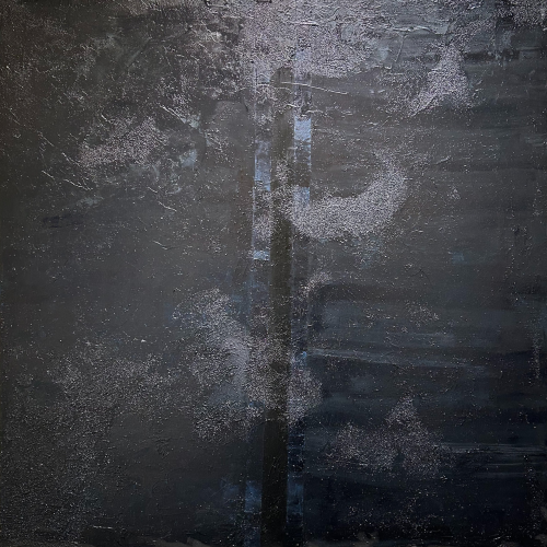 Abstract painting in shades of black and dark grey with a vertical band down the center and textured, granular paint application.
