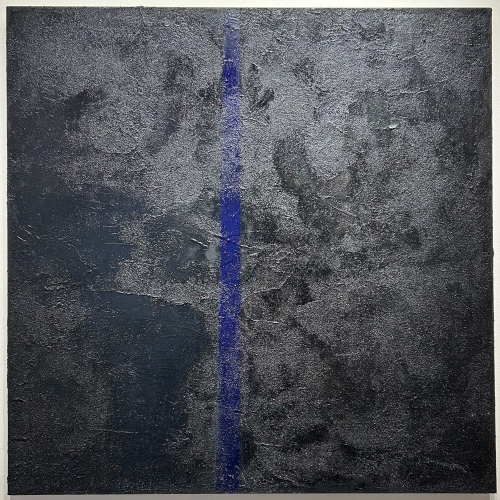 A square, dark, textured abstract painting bisected by a single vertical bright blue line.
