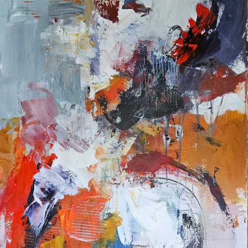 Abstract painting with bold strokes of red, orange, black, white, and gray, creating a dynamic, textured composition with overlapping colors and visible brush marks.