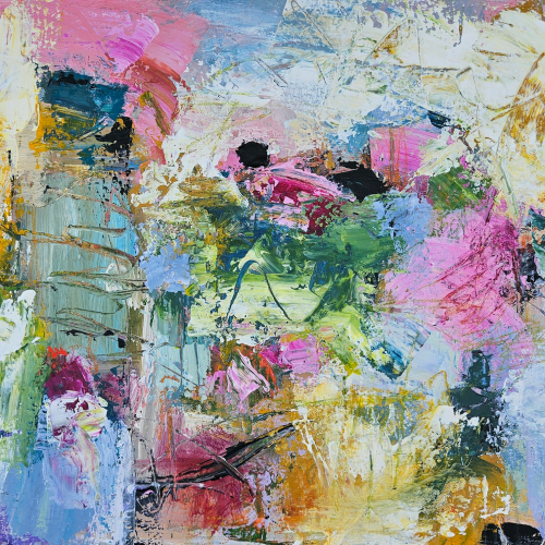 Colorful abstract painting with bold brushstrokes in pink, green, yellow, and blue, accented by black and white patches, creating a lively, textured composition with layered paint and dynamic movement.