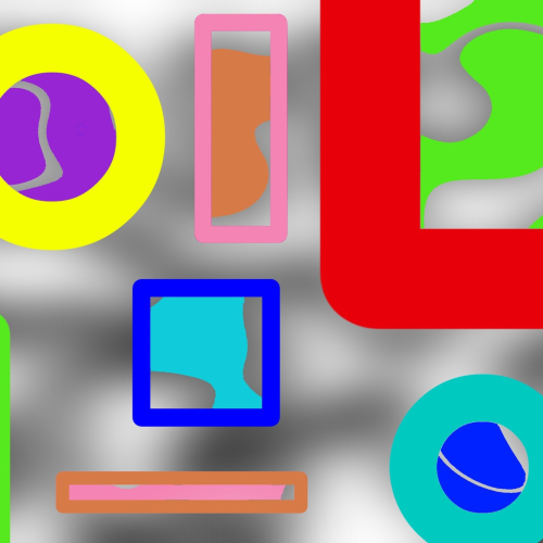 An abstract composition of geometric shapes, including circles, rectangles, and squares in bright colors like yellow, red, blue, green, and orange, overlaid on a blurred gray and white background.