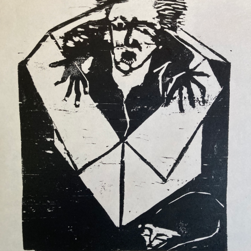 Black and white print of a distressed figure with wild hair inside an envelope shape, hands clutching their head, mouth open as if screaming or in anguish.