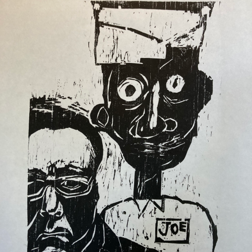 Black and white print of two figures: one with angular glasses and a solemn face, the other with wide eyes, a hat, and a shirt labeled “JOE.” The style is abstract with rough, expressive lines.