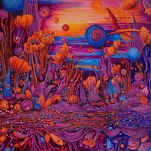 A vibrant, psychedelic painting of a stylized garden with orange and blue flowers and orbs against a purple and orange sunset, reflected in a textured, swirling body of water at the bottom.