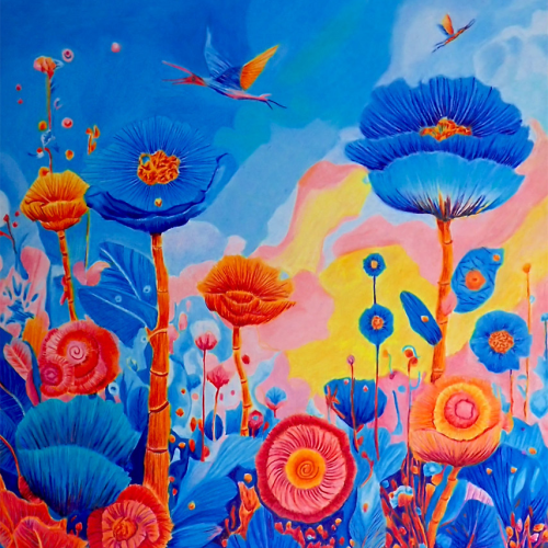 A colorful painting of large blue and orange stylized flowers in a field with two small birds flying against a bright blue and yellow sky.