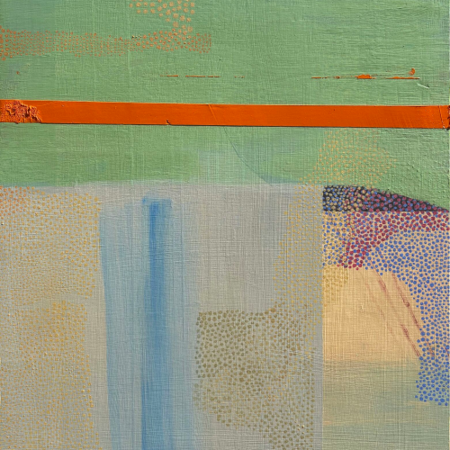 Abstract painting with a bold horizontal orange line crossing a green and cream background, decorated with textured dots and blue vertical brushstrokes.