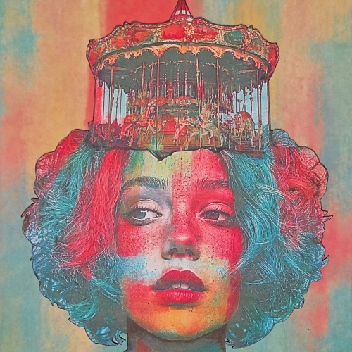A colorful, stylized portrait of a person with a carousel resting on top of their head.