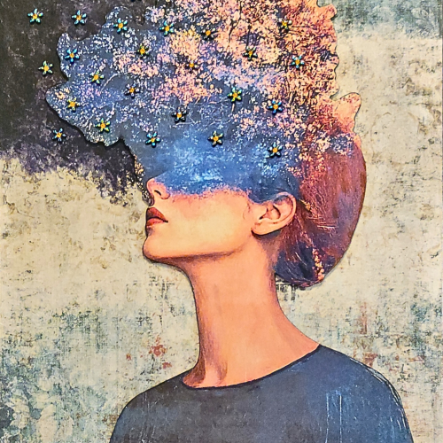 Mixed-media portrait of a woman in profile with a cloud of pink and blue floral textures dissolving from her head into a dark, starry sky.