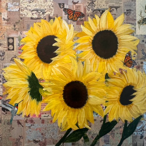 A painting of five sunflowers on a background of vintage-style collage, featuring butterflies and a hummingbird.