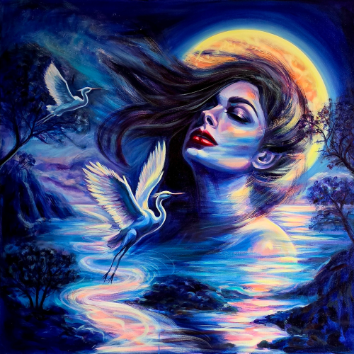 A surreal painting of a woman’s face with flowing hair blends into a moonlit landscape, featuring glowing blue water, trees, flying white cranes, and a large yellow moon in the background.