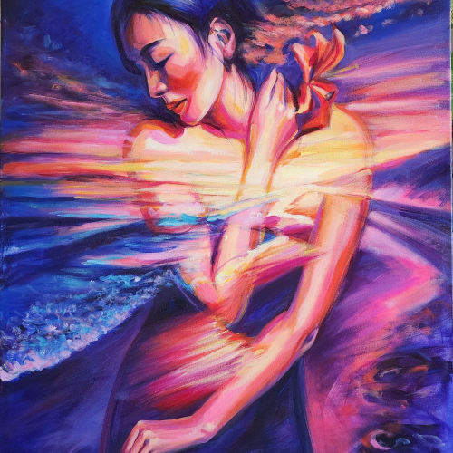 A woman in a flowing dress embraces herself, surrounded by swirling vibrant colors resembling water and sunset, blending into her form with soft, dreamy brushstrokes.