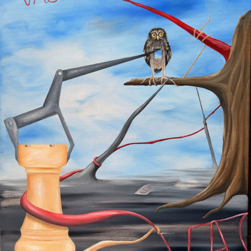Surreal painting of an owl perched on a branch, tethered by red strings to a chess rook and the word “VACANCY” written in the sky.