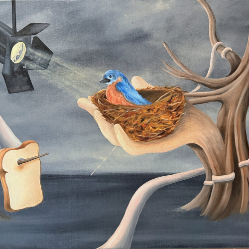 A surrealist painting of a bluebird sitting in a nest held by a human hand, illuminated by a spotlight against a dark, stormy sky, with a slice of bread on a branch in the foreground.