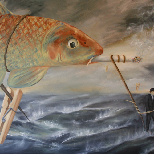 A giant fish with a cigarette in its mouth is tethered by clothespins to a man in a suit standing on a choppy sea.