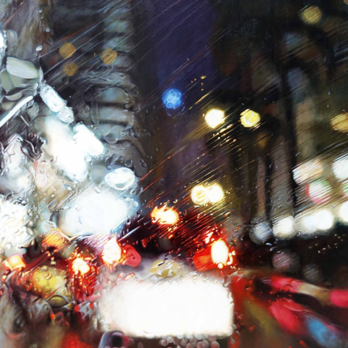 An oil painting of a rainy city street at night, with blurred, streaking lights reflecting on a wet window.