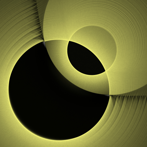 Abstract digital art featuring intersecting black and yellow circles with textured radial lines, creating a glowing, layered effect. The image conveys a sense of depth and motion through its geometric shapes and gradients.