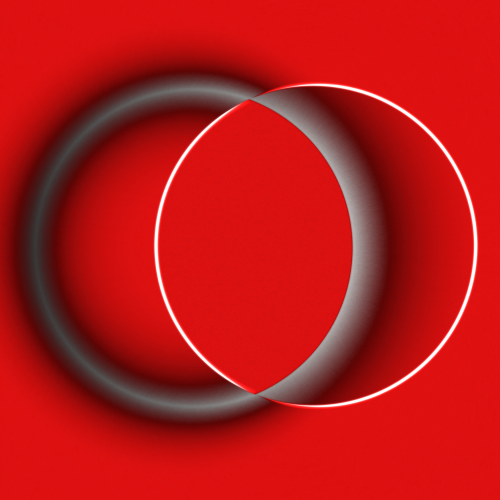 Two intersecting circles on a red background; one is a bright white outline, the other a dark, shadowy ring with a soft gradient, creating a subtle Venn diagram effect in the center.