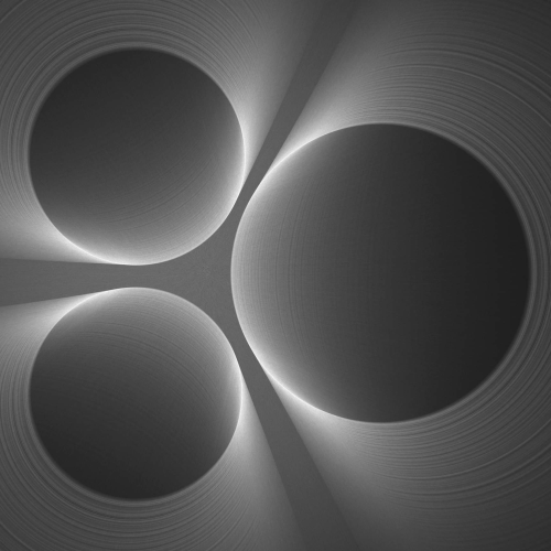 Three overlapping dark spheres with glowing edges create a geometric abstract pattern. Concentric circular lines surround each sphere, giving a sense of depth and motion against a textured grayscale background.