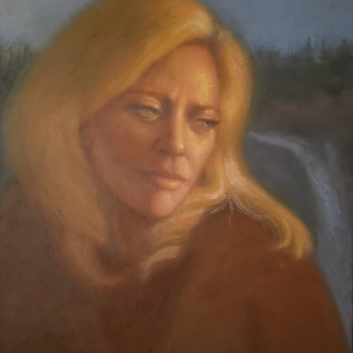Oil painting portrait of a blonde woman with a contemplative expression, set against a background of a dark forest and a waterfall.