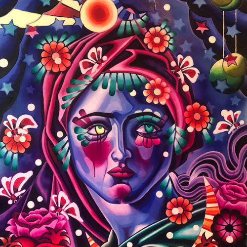 A surrealist painting of a woman with blue skin wearing a headscarf adorned with flowers, surrounded by stars, moons, pomegranates, and artichokes.