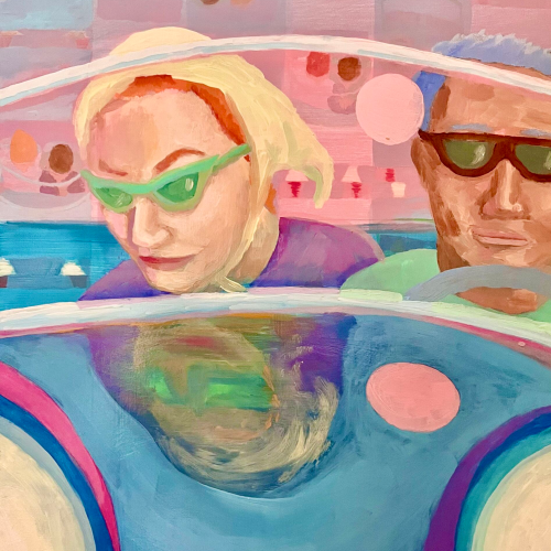 An oil painting of two people in sunglasses driving a car, with the woman on the left looking down and the man on the right at the steering wheel.