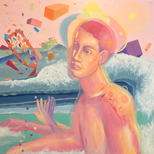 A painting of a person with a glowing halo, partially submerged in a wave, surrounded by floating geometric shapes.
