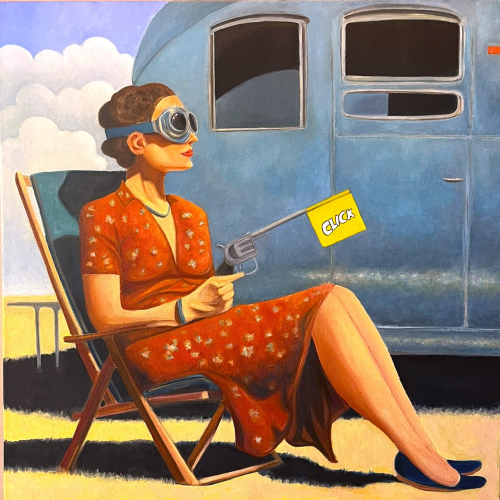 A woman in a floral dress and goggles sits in a lawn chair in front of a blue trailer, holding a toy pistol that has a yellow flag reading “CLICK” emerging from the barrel.