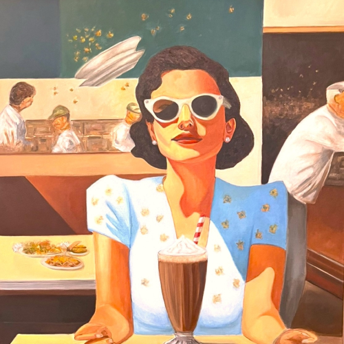 A painting of a woman in white sunglasses and a patterned dress sitting at a diner table with a chocolate milkshake in front of her.