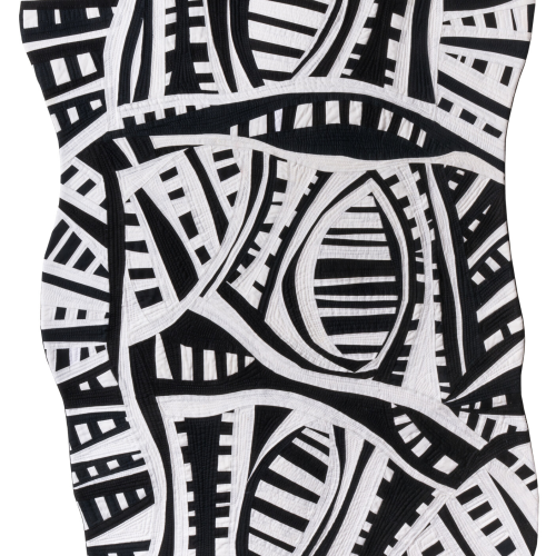 Abstract textile wall hanging featuring a repeating pattern of black and white curved geometric shapes and stripes.