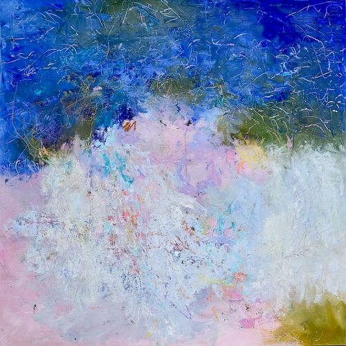 Abstract painting with textured layers of blue, white, pink, and green. The colors blend and overlap with visible brushstrokes and scratch marks, creating a sense of movement and depth.