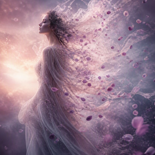 A woman in a flowing gown stands with her eyes closed as her hair and dress dissolve into a cloud of pink flower petals against a hazy, ethereal sky.
