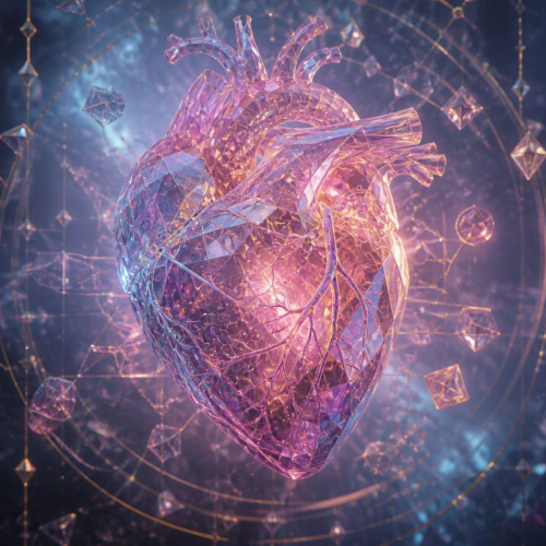A glowing, crystalline human heart suspended in space, surrounded by geometric shapes and orbital lines.