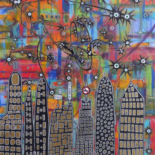 Abstract painting of a city skyline with patterned towers beneath a colorful, grid-like sky filled with whimsical, multi-eyed floating creatures and signs that read “NO DORMIR” and “ZZZZ.”