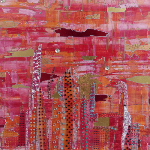 An abstract painting of a stylized city skyline in shades of red, orange, and pink, featuring gold accents and embedded rhinestones.