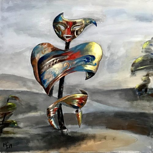 Surreal painting of a tall, abstract metallic plant with colorful, mask-like shapes as leaves, set against a muted, cloudy landscape with blurred forms in the background—an imaginative composition that evokes the seamless creativity often seen in innovative e-commerce design.