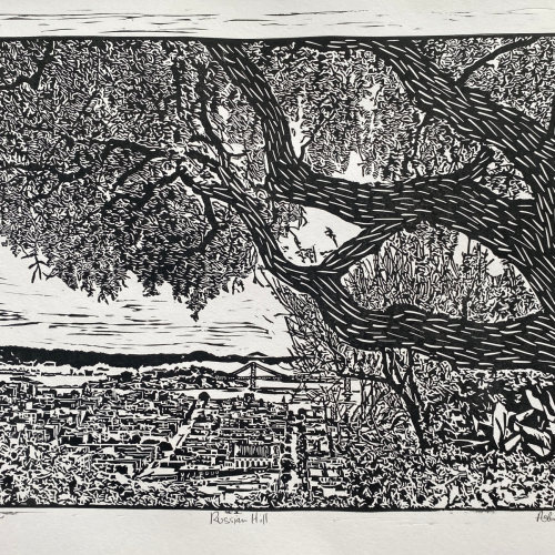 Black and white linocut print titled “Russian Hill” showing a view of the San Francisco cityscape and bridge framed by the branches of a large tree.
