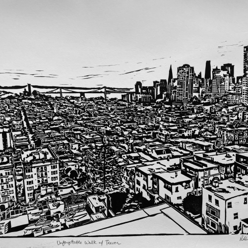 Black and white linocut print of the San Francisco cityscape featuring the Bay Bridge and downtown skyscrapers above a dense residential neighborhood.