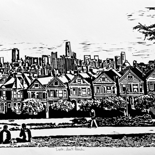 Black and white linocut print of the Painted Ladies houses in San Francisco with the city skyline in the background and two people sitting on the grass in the foreground.