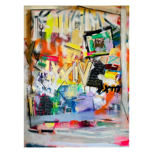 Abstract mixed-media painting featuring layered text, graffiti-style markings, and bold patches of color, with the Roman numeral “XIV” prominently displayed in the center.