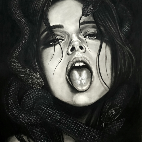 Black and white drawing of a woman with snakes coiled around her head and shoulders, sticking out her tongue to reveal a butterfly illustration on it.