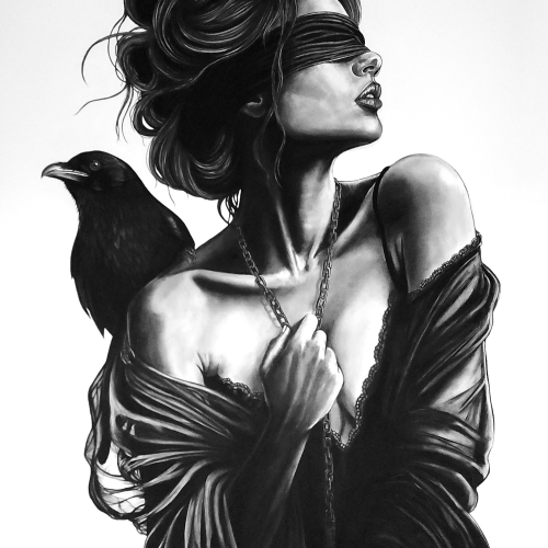 A charcoal drawing of a blindfolded woman with a raven perched on her shoulder, holding a chain against her chest.
