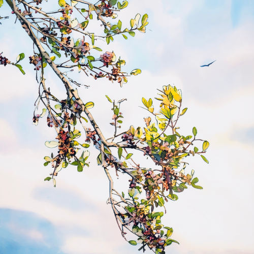 A stylized illustration of tree branches with small green leaves and reddish buds against a pale sky with a single bird flying in the distance.
