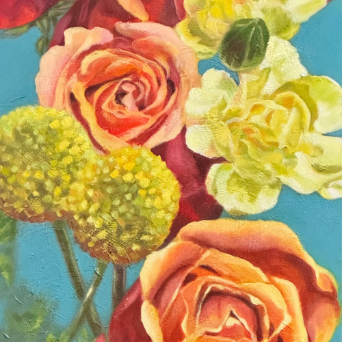 An oil painting of vibrant orange and red roses nestled among pale yellow carnations and round green flower heads against a bright blue background.