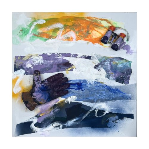 Abstract artwork with bold strokes of orange, green, purple, blue, and white. A paint-stained glove and three paint tubes are placed on the canvas, creating a textured, mixed-media composition that would make a striking addition to any e-commerce art collection.
