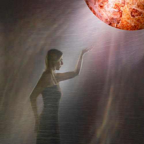 A woman reaching toward a large, glowing, textured red sphere suspended in a misty, ethereal space.