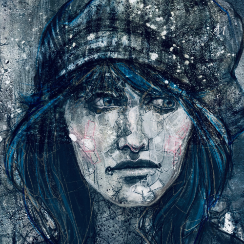 An expressive charcoal and ink drawing of a person wearing a dark, textured hat, rendered in shades of deep blue, gray, and white with abstract, fragmented linework.