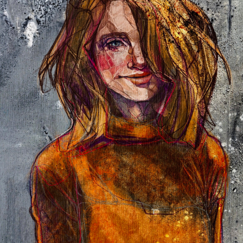 Mixed-media portrait of a woman with blonde hair wearing an orange turtleneck against a textured, splattered grey background.