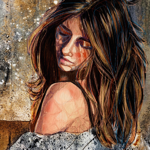 Mixed-media painting of a woman with long hair looking down over her shoulder, rendered with expressive, illustrative linework.
